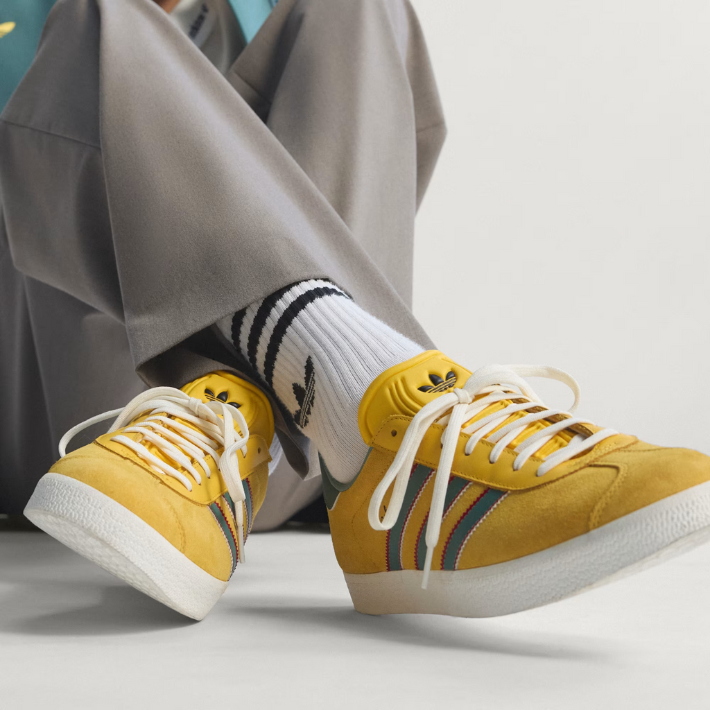 adidas Gazelle Jamaica x Bob Marley Shoes in Gold and White / Green