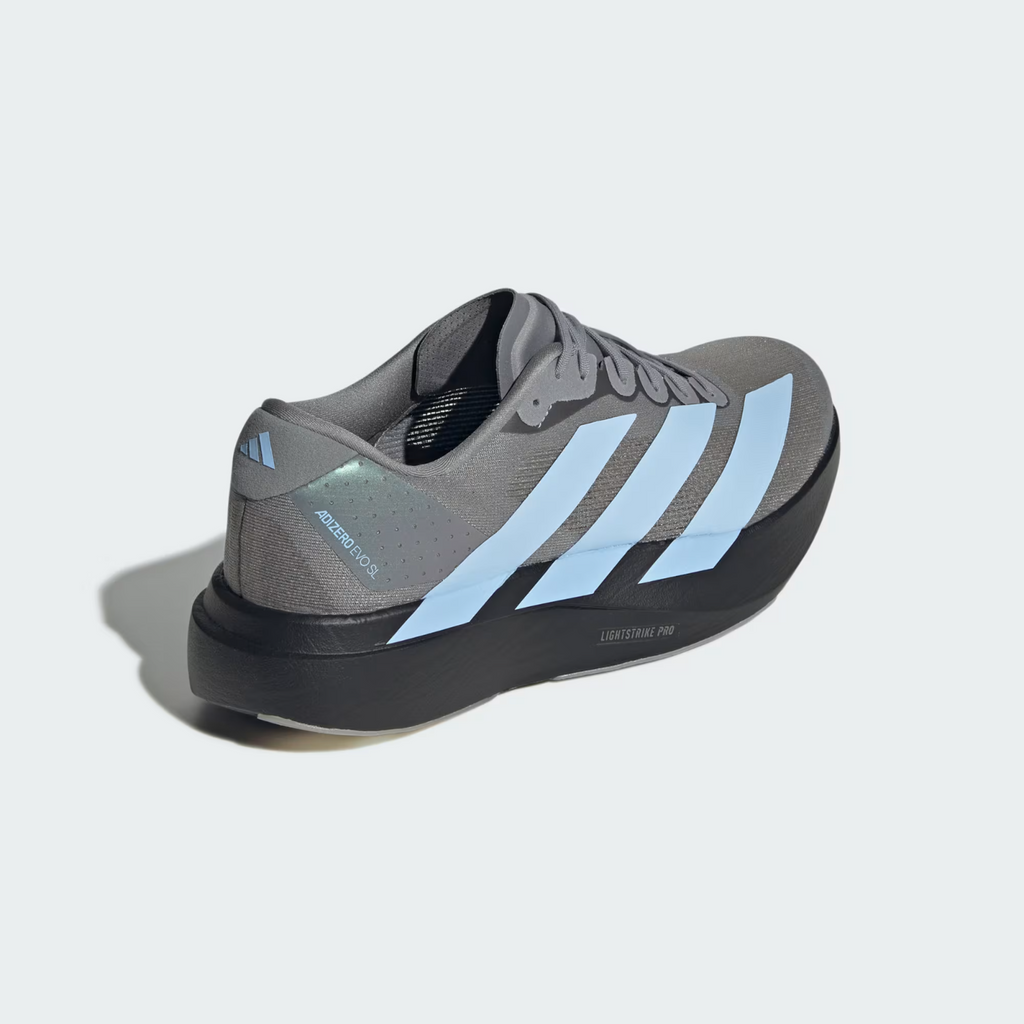 Adidas Adizero Evo SL Shoes in Grey Three/Glow Blue/Core Black