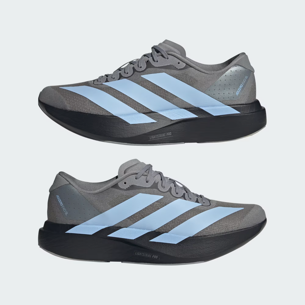 Adidas Adizero Evo SL Shoes in Grey Three/Glow Blue/Core Black